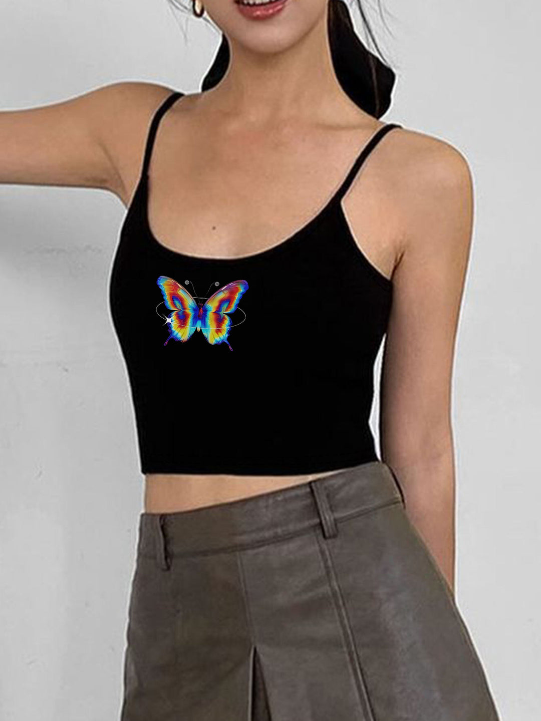 Dame Crop-top med motiverende statementtryk og fine spaghetti-stropper Skovae