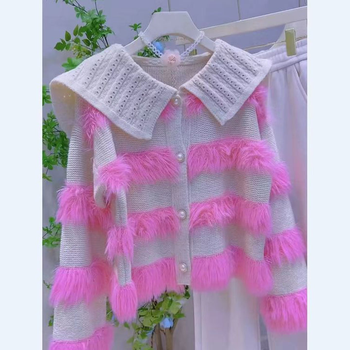 Kvinders cardigan med flettet krave og faux fur applikationer Stilla