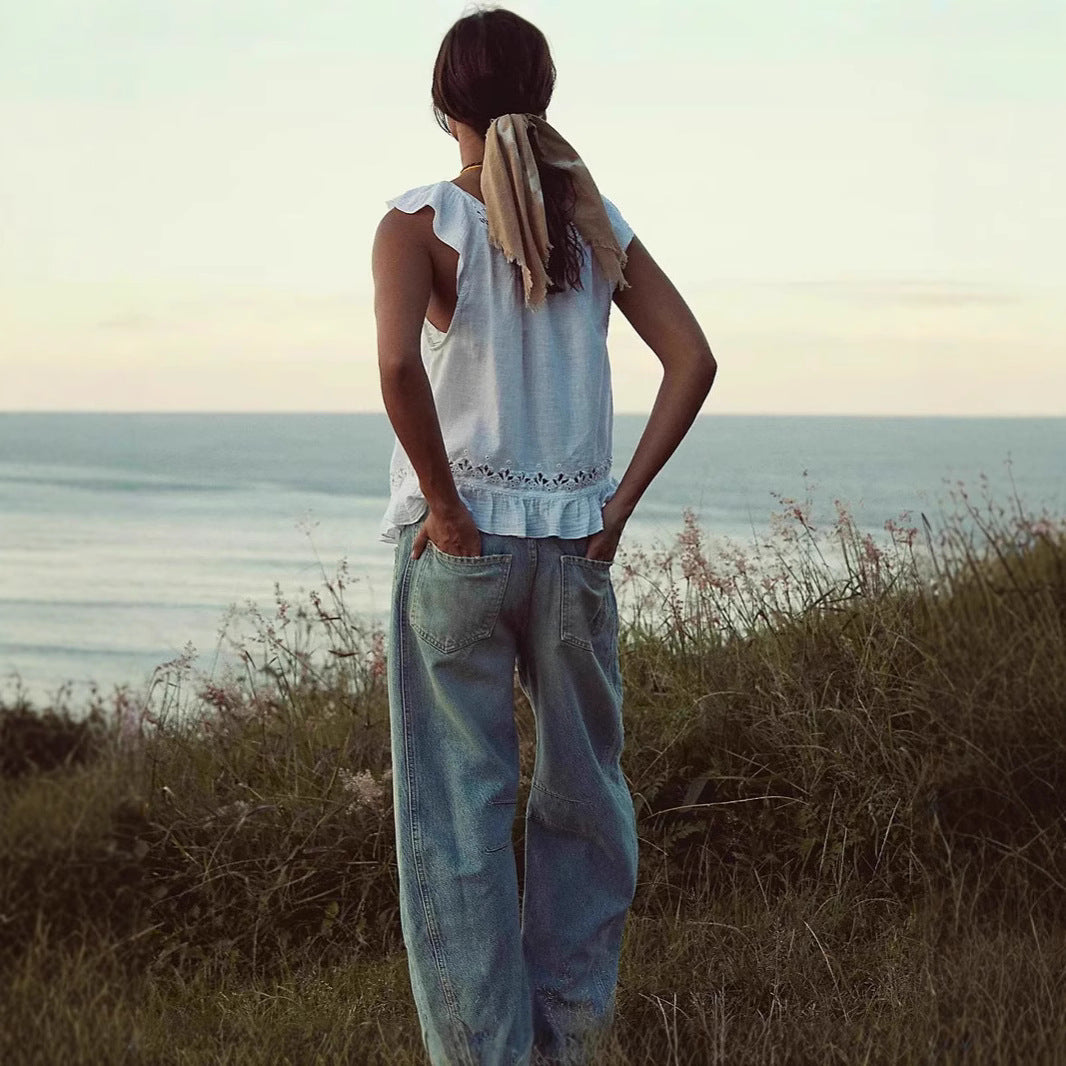 Dame luftig linned-crop-top med flæser Skovae