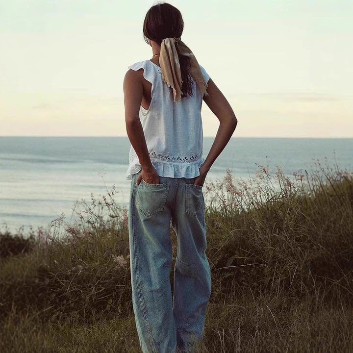 Dame luftig linned-crop-top med flæser Skovae
