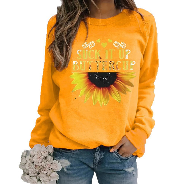 Kvinders sweatshirt med kreativ solsikkeprint og motiverende citat Stilla