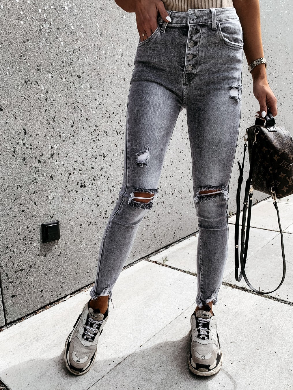 Dame Skinny Jeans med strategiske Ripped-detaljer og høj talje Stilla