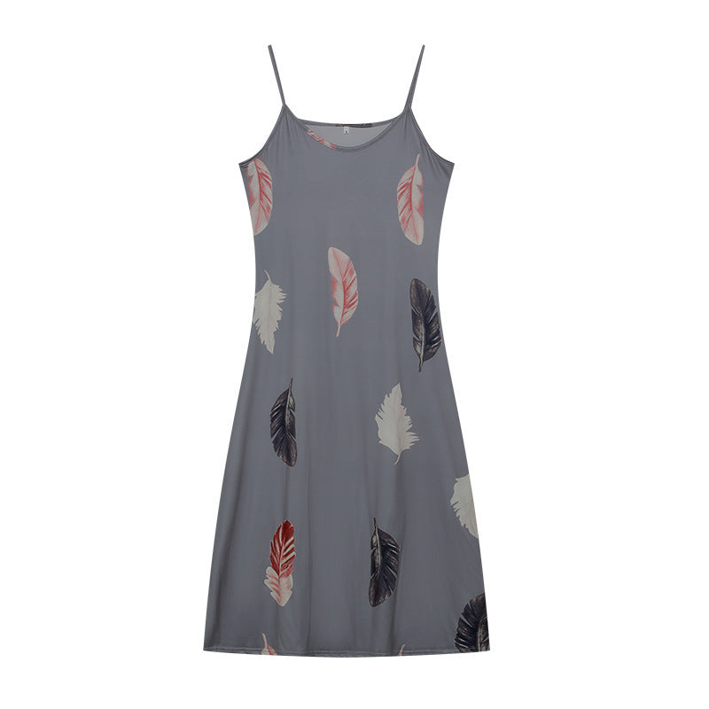 Dame Casual Slip Kjole med Bladtryk-Design Stilla