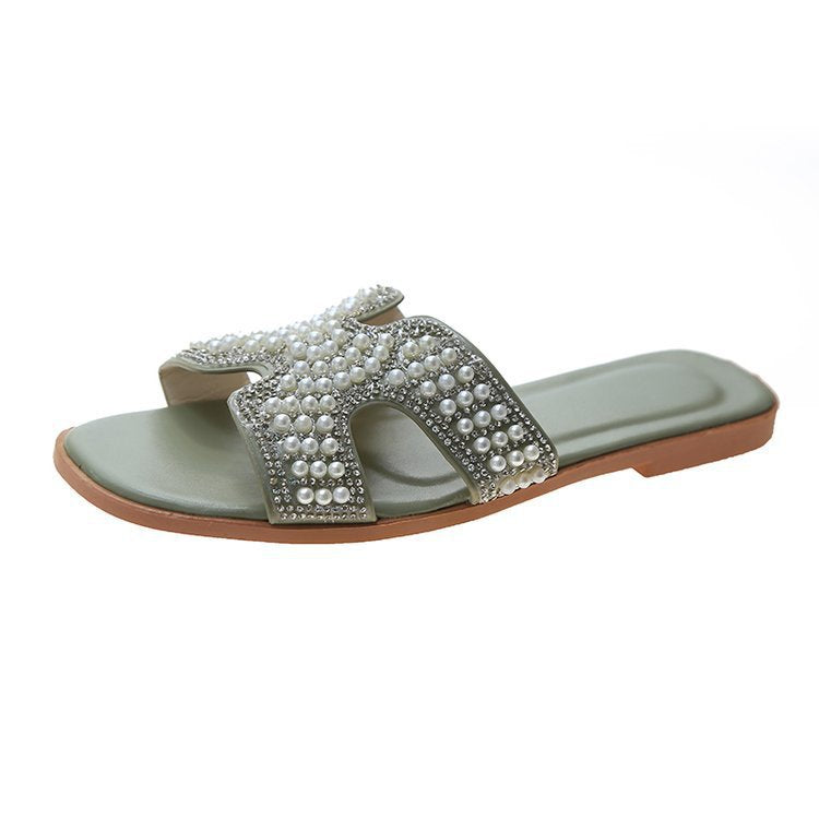 Dame mode slide-sandaler med funklende perle- og rhinestones dekoration Stilla