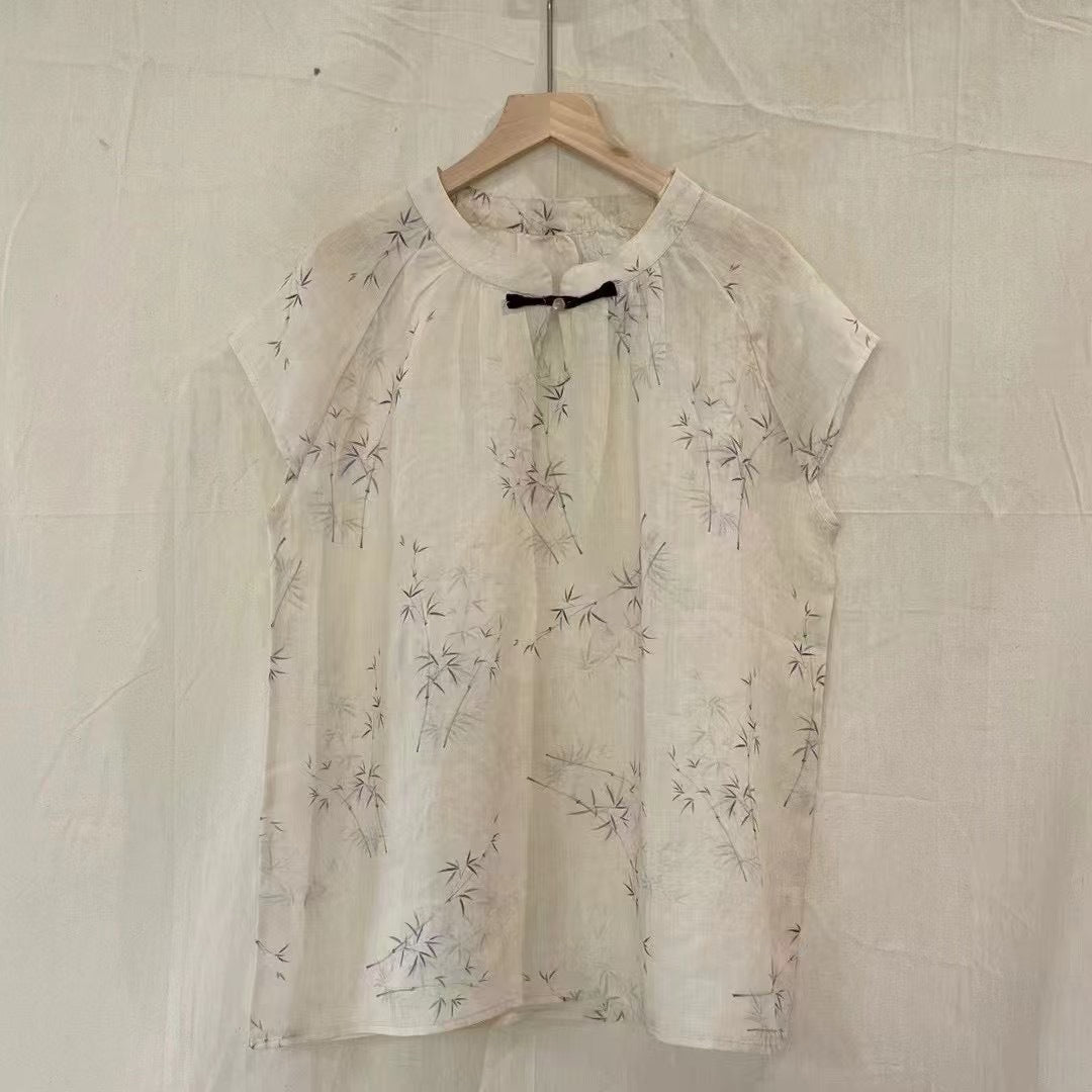 Dame Floral Print Kortærmet Bluse med Sløjfedetalje Stilla