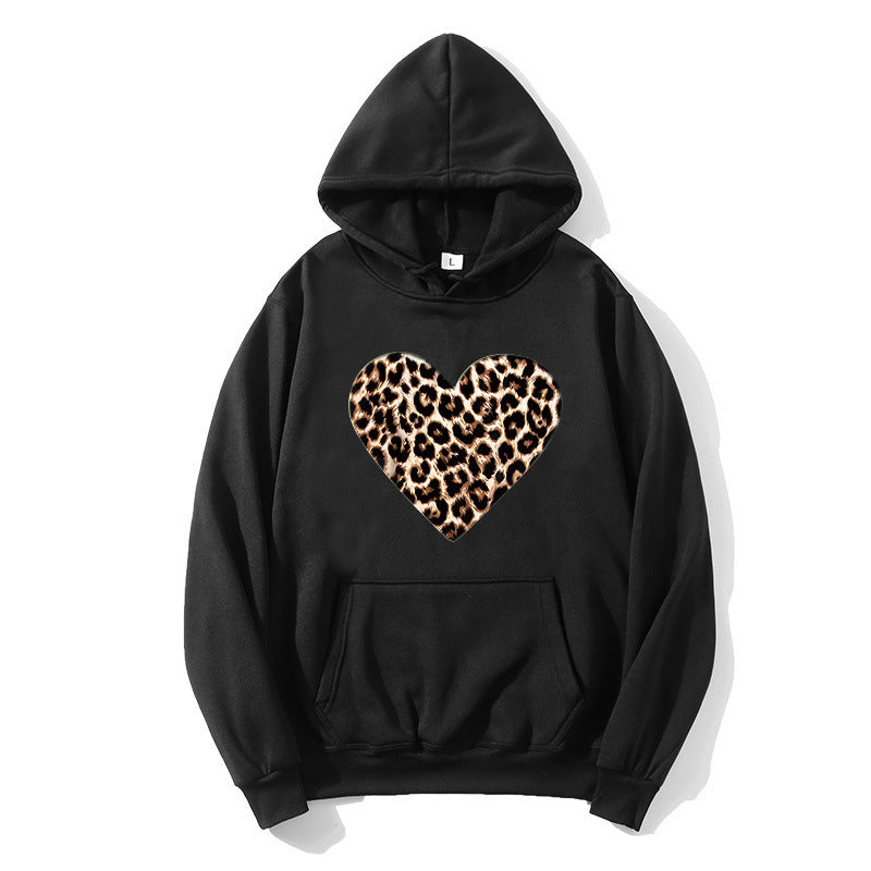 Dame hætte sweatshirt med hjerteformet leopardmønster Skovae