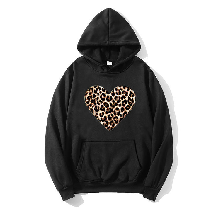 Dame hætte sweatshirt med hjerteformet leopardmønster Skovae