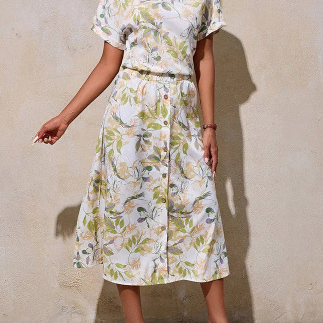 Dame Midi Kjole med floral print og praktisk knaplukning Stilla