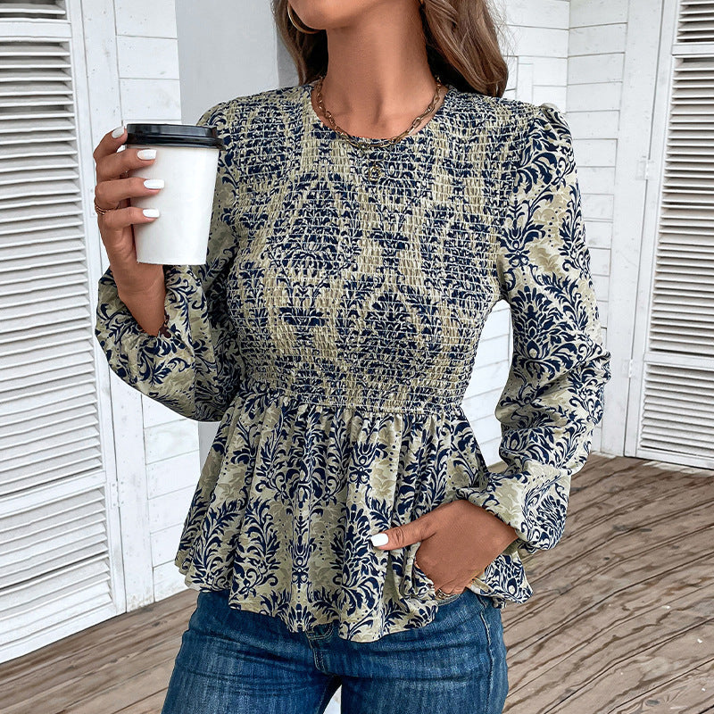Dame Elegant Bluse med raffineret Floral-Design og Puffærmer Stilla