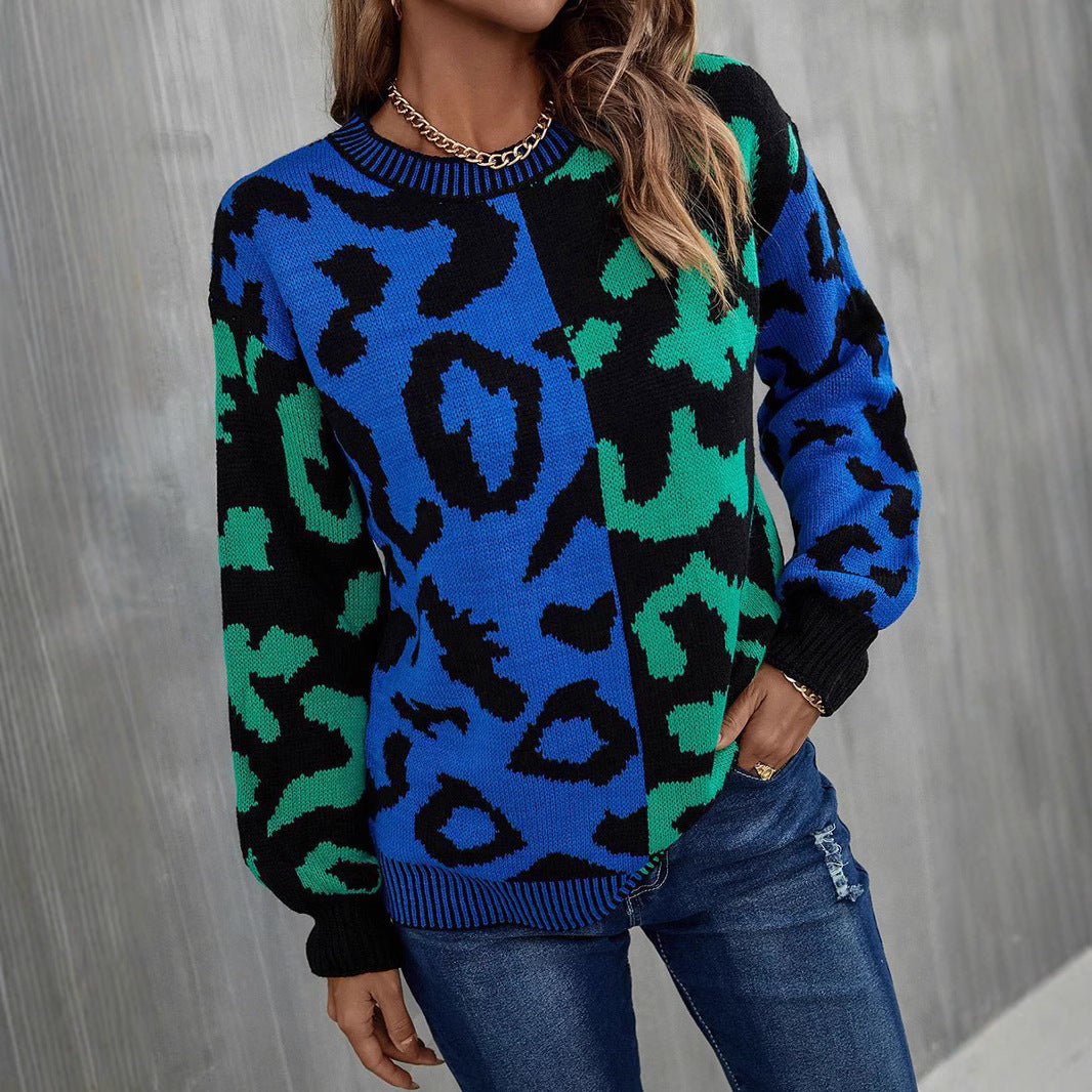 Dame farverig sweater med leopardmønster Stilla