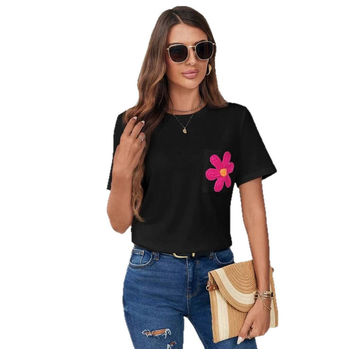 Dame T-shirt med blomstret applikationsmotiv og brystlomme Stilla