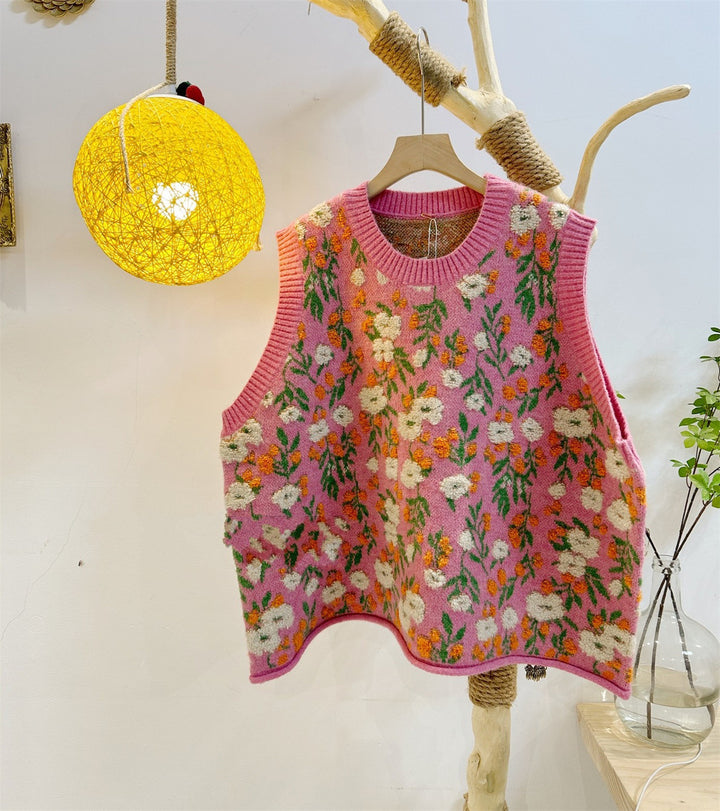 Kvindernes løse strikket sweater med blomstermønster Stilla