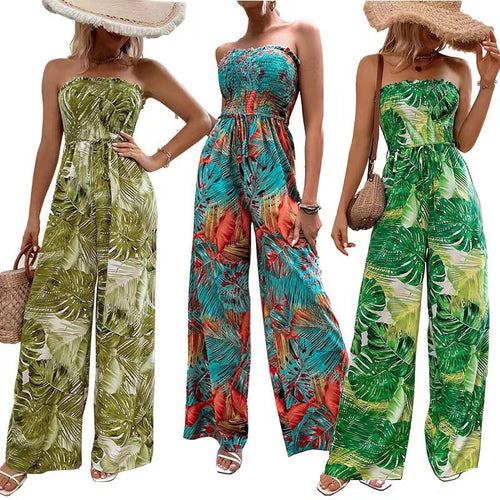 Dame Strapless Tropisk Tryk Jumpsuit Stilla