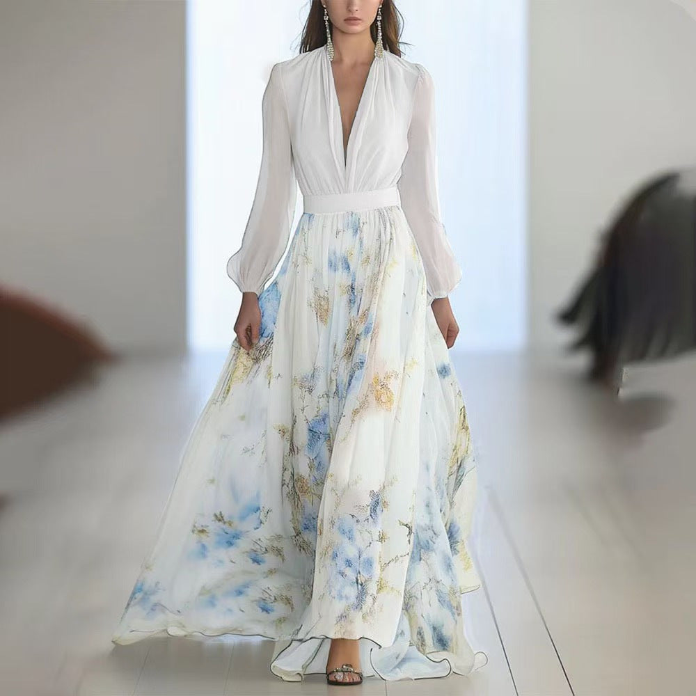 Dame Maxikjole med dyb V-udskæring og blomster chiffon Stilla