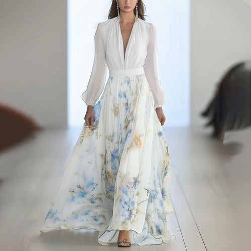 Dame Maxikjole med dyb V-udskæring og blomster chiffon Stilla