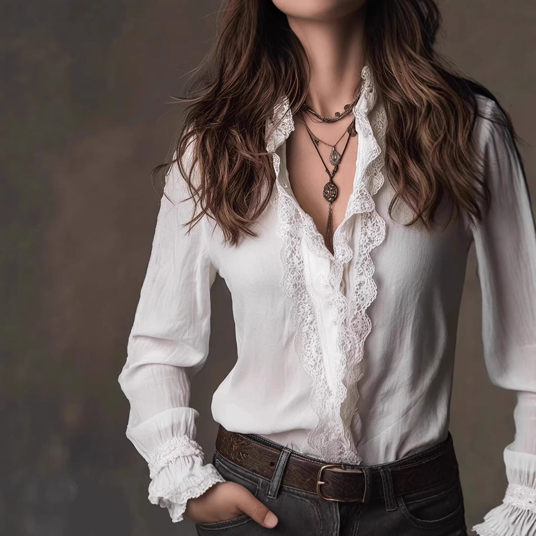Dame elegant blouse med flæsedetaljer og blondebesætning Skovae