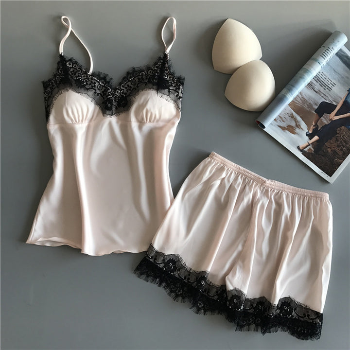 Dame Elegant Satin Pyjama Sæt med Spids Kant Stilla