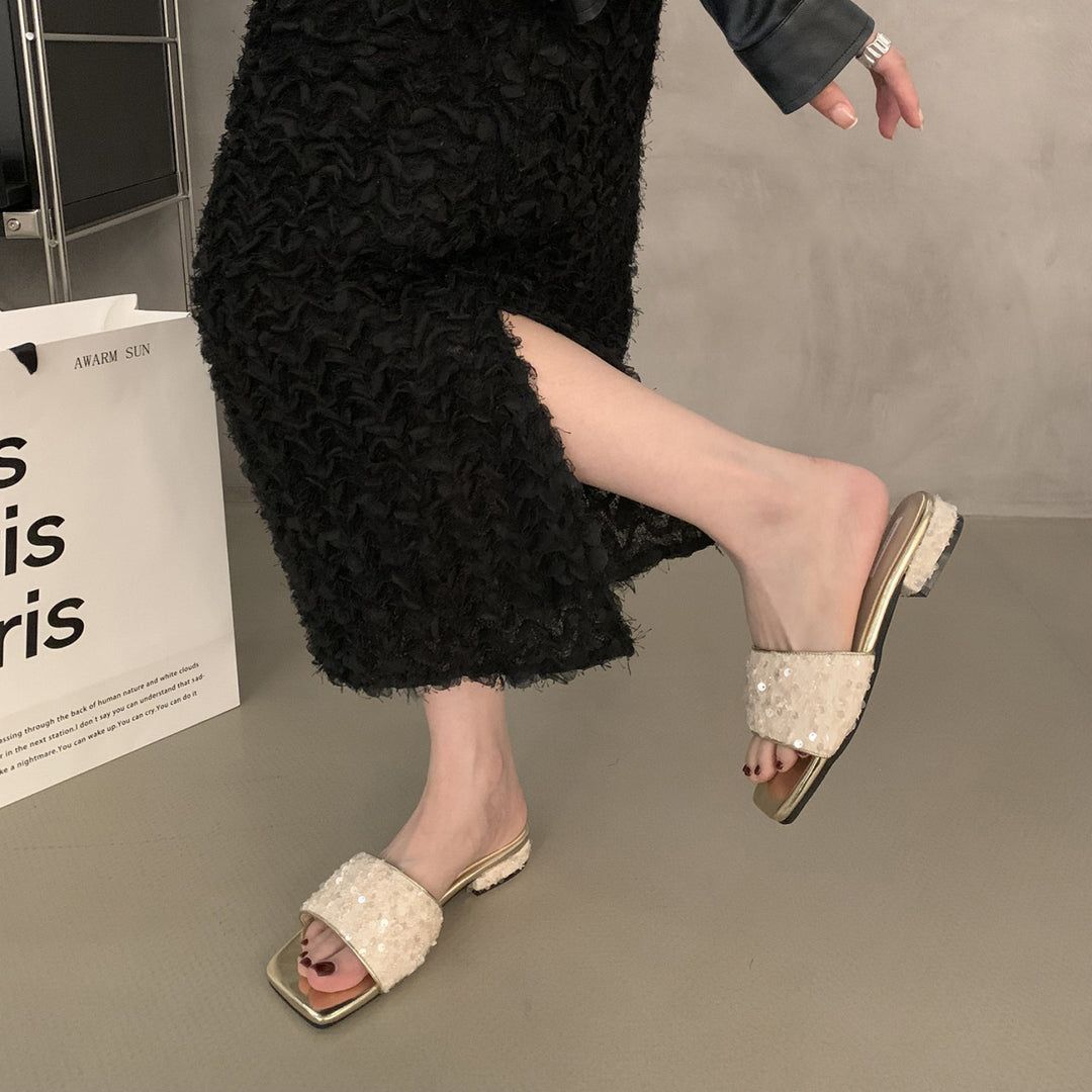 Femme Sparkling Slide Heels med Chunky Glitter Remme Stilla