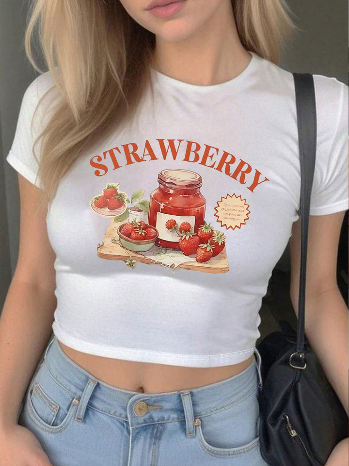 Dame Crop-Top med kreativt jordbær-design og tætsiddende pasform Skovae
