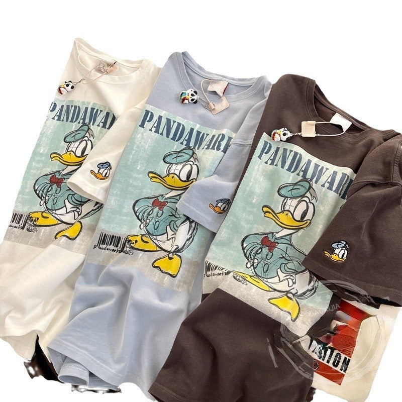 Dame T-shirt i vintage-look med kreativt cartoon-tryk Stilla