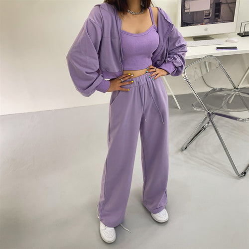 Kvinders fashionable tre-delt sæt med cropped hoodie, tank top og brede bukser Stilla