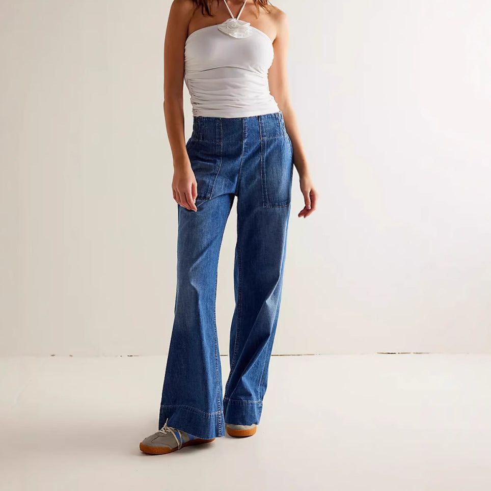 Dame bred denim-stretchbukser med høje lommer og elastisk talje Stilla