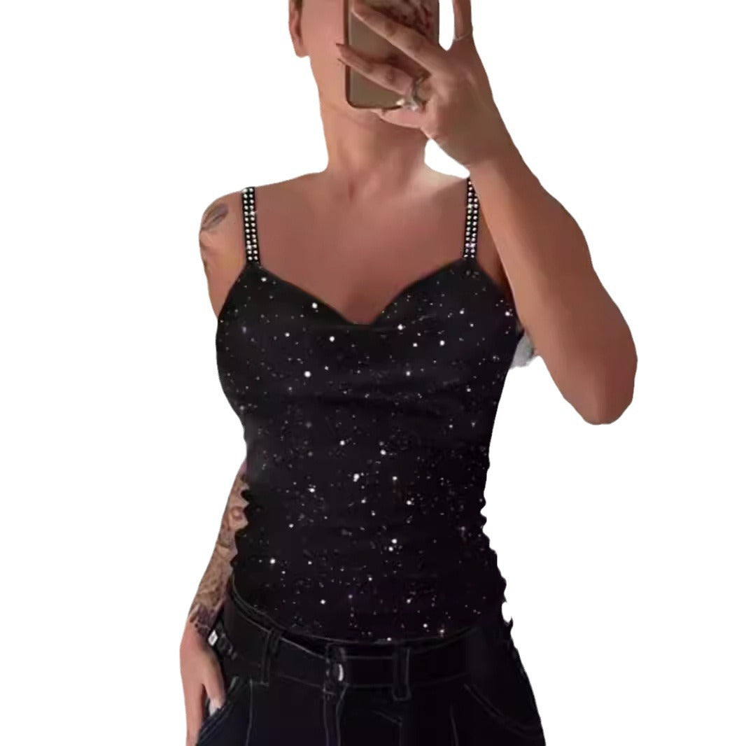 Dame Elegant Spaghetti-strop Top med Glitter-detaljer Skovae