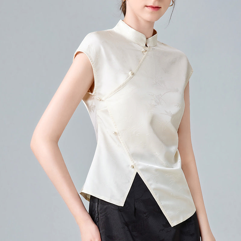 Dame Elegant Silke bluse i stilfuld Kinesisk snit med delikate knapdetaljer Stilla