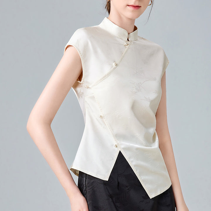 Dame Elegant Silke bluse i stilfuld Kinesisk snit med delikate knapdetaljer Stilla