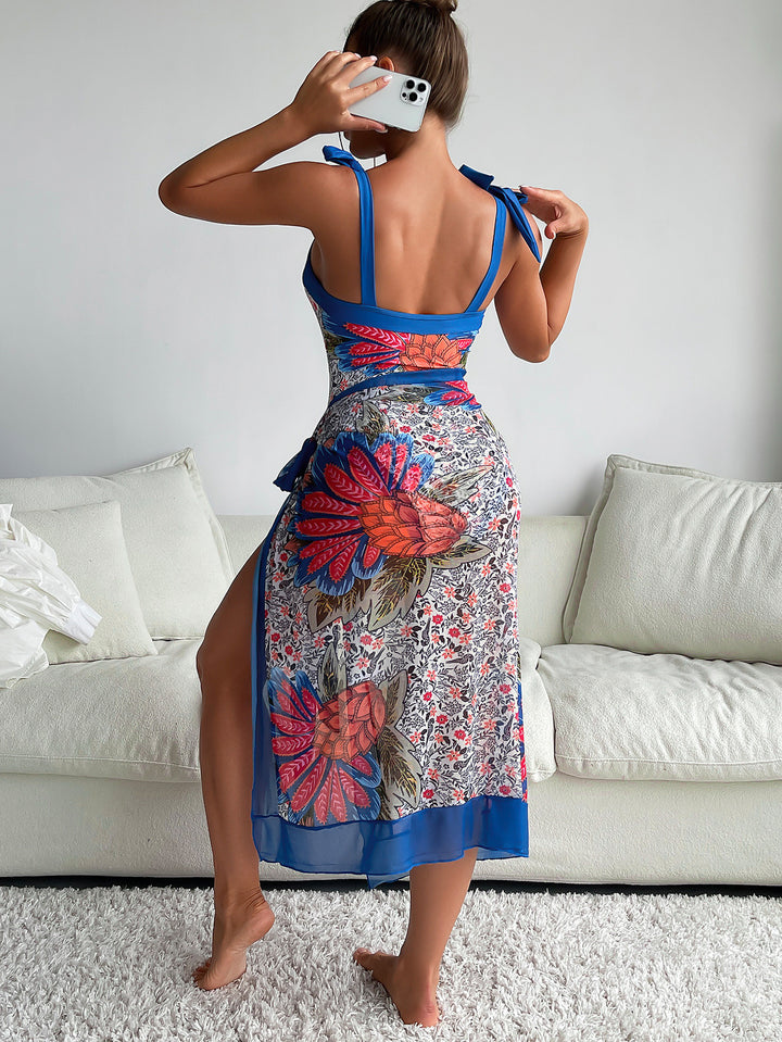 Dame one-piece badetøj med blomsterprint og sidelægningsskørt Skovae