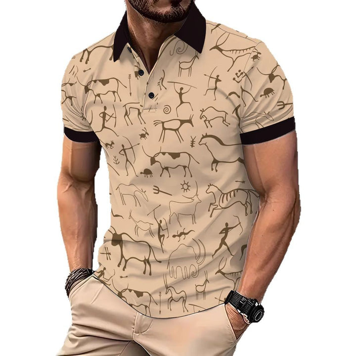 Herrer polo t-shirt med kreativ hulemaleri tryk og åndbare egenskaber Stilla