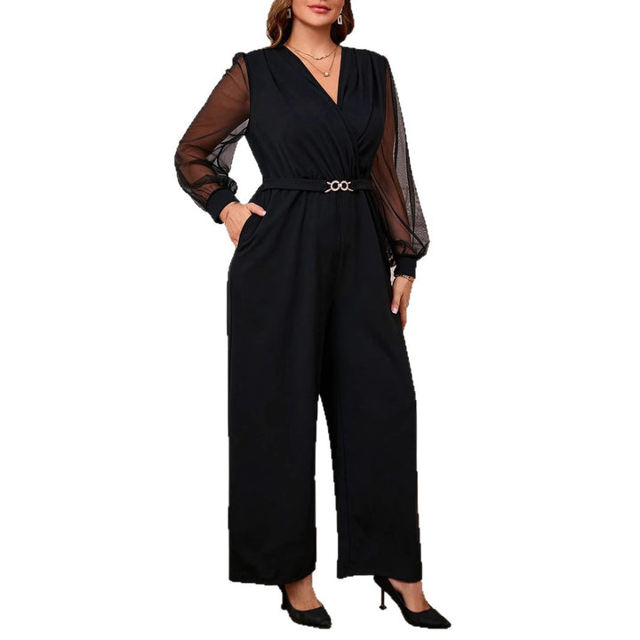 Dame elegant jumpsuit med transparente ærmer og talje bælte Stilla