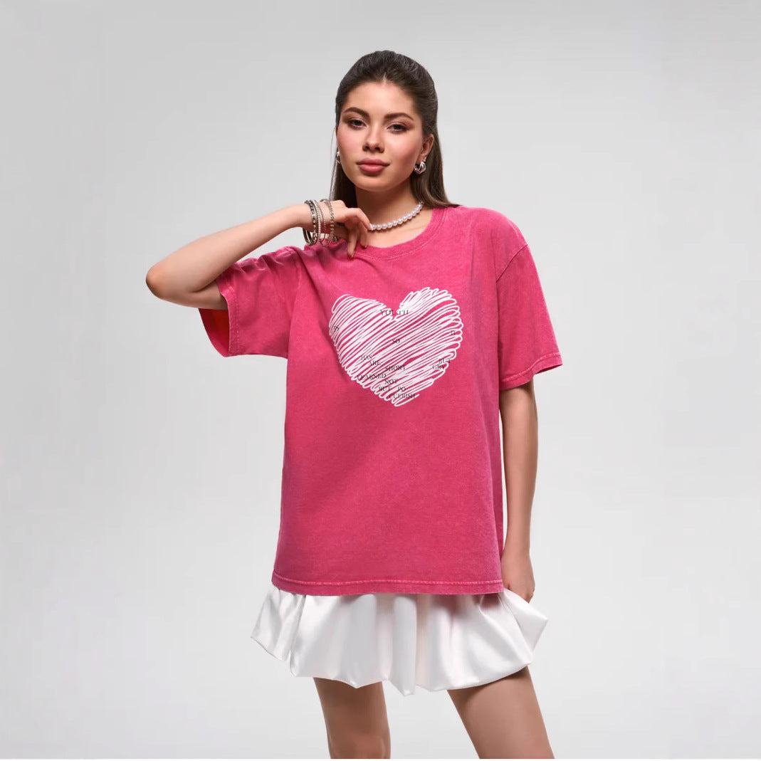 Dame T-shirt med kreativt hjerte-motiv og afslappet snit Stilla