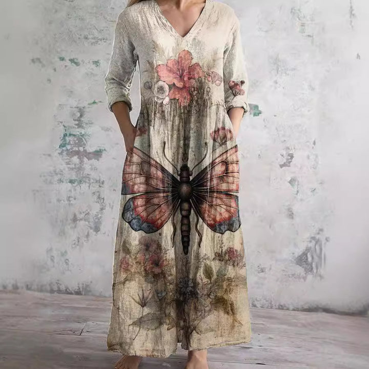 Dame Boho Maxikjole med unikt blomsterprint og praktiske lommer Stilla