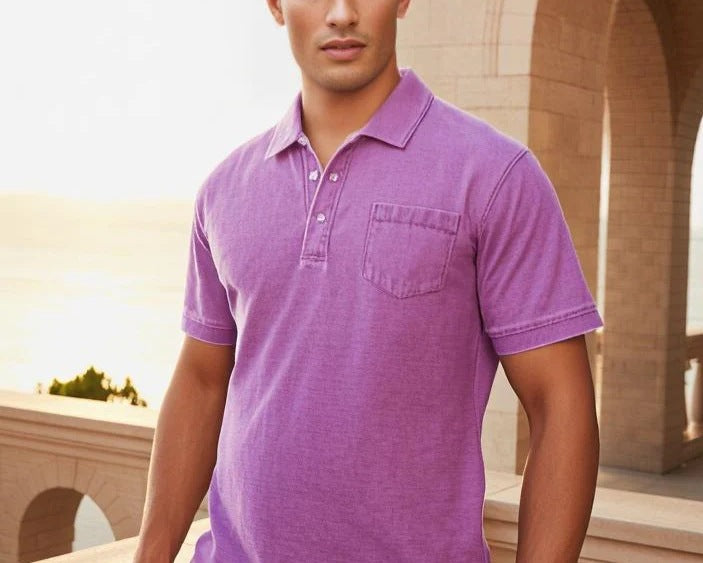Herrers poloshirt med knaplukning og fint denim-look Stilla