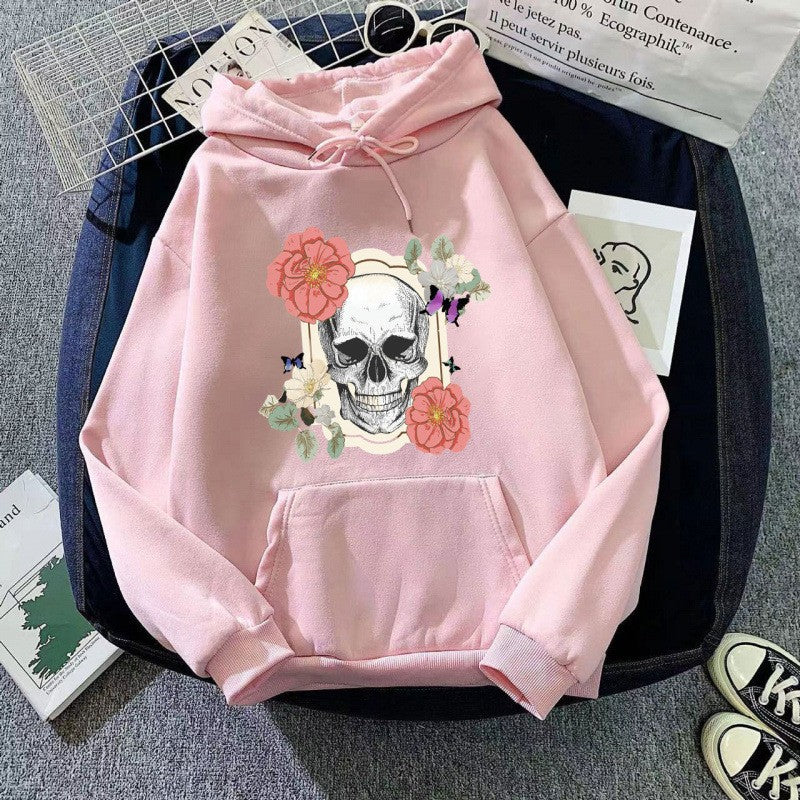 Kvindernes hoodie med detaljeret kraniedesign og blomsterprint Skovae