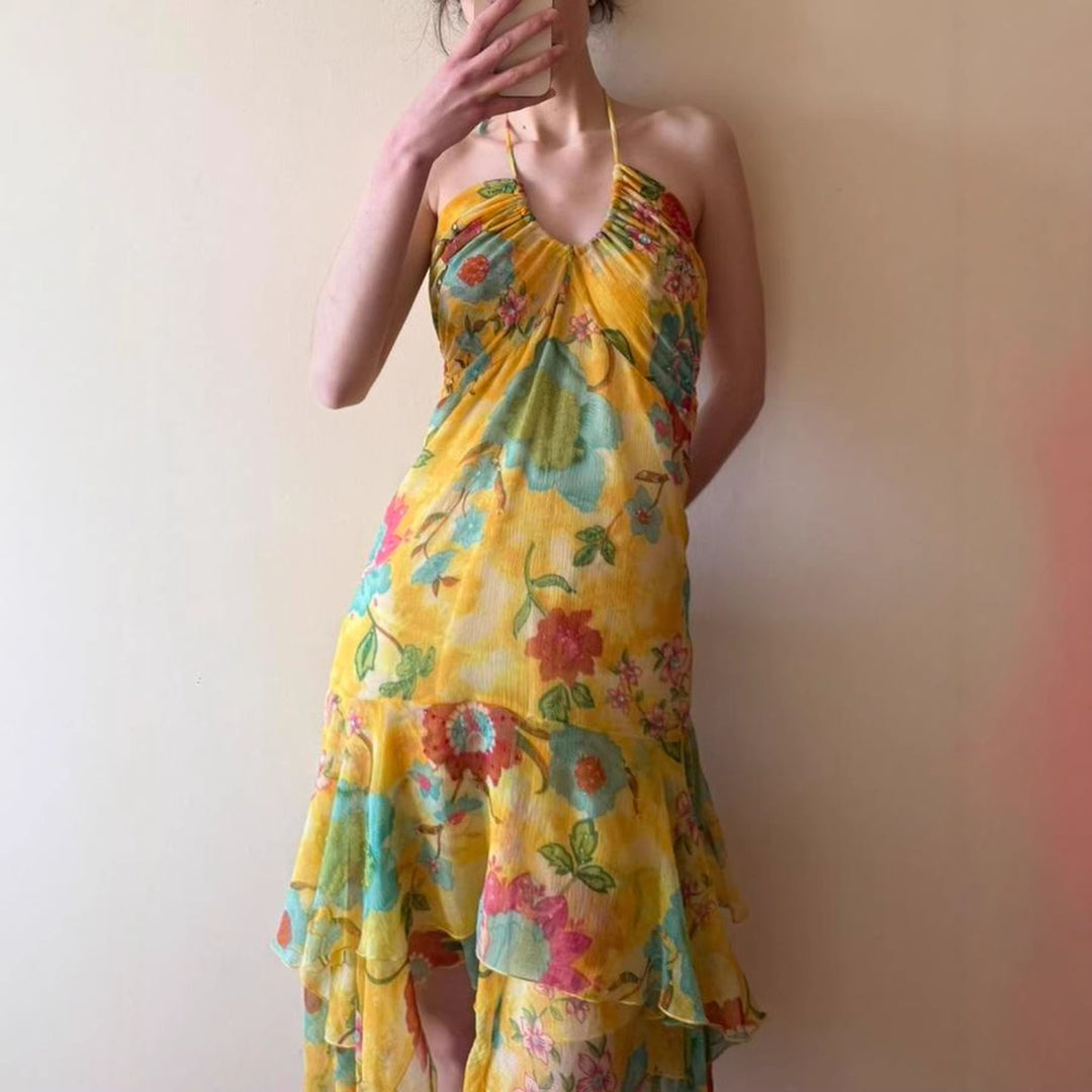Dame maxikjole med blomsterlag og spaghetti stropper Skovae
