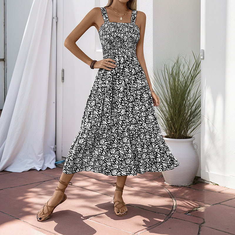 Dame Floral Print Smocked Maxi Kjole Stilla