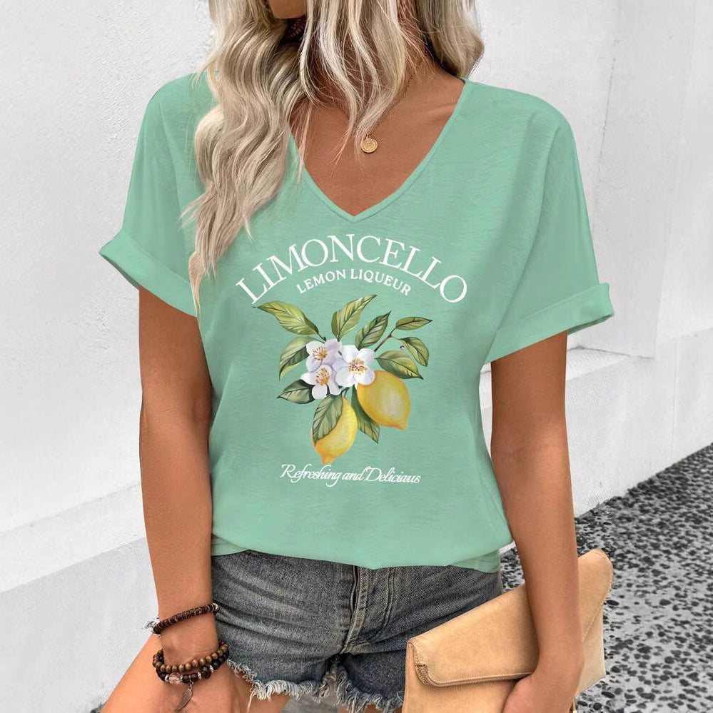 Dame T-shirt med blomstret tryk og V-udskæring Stilla