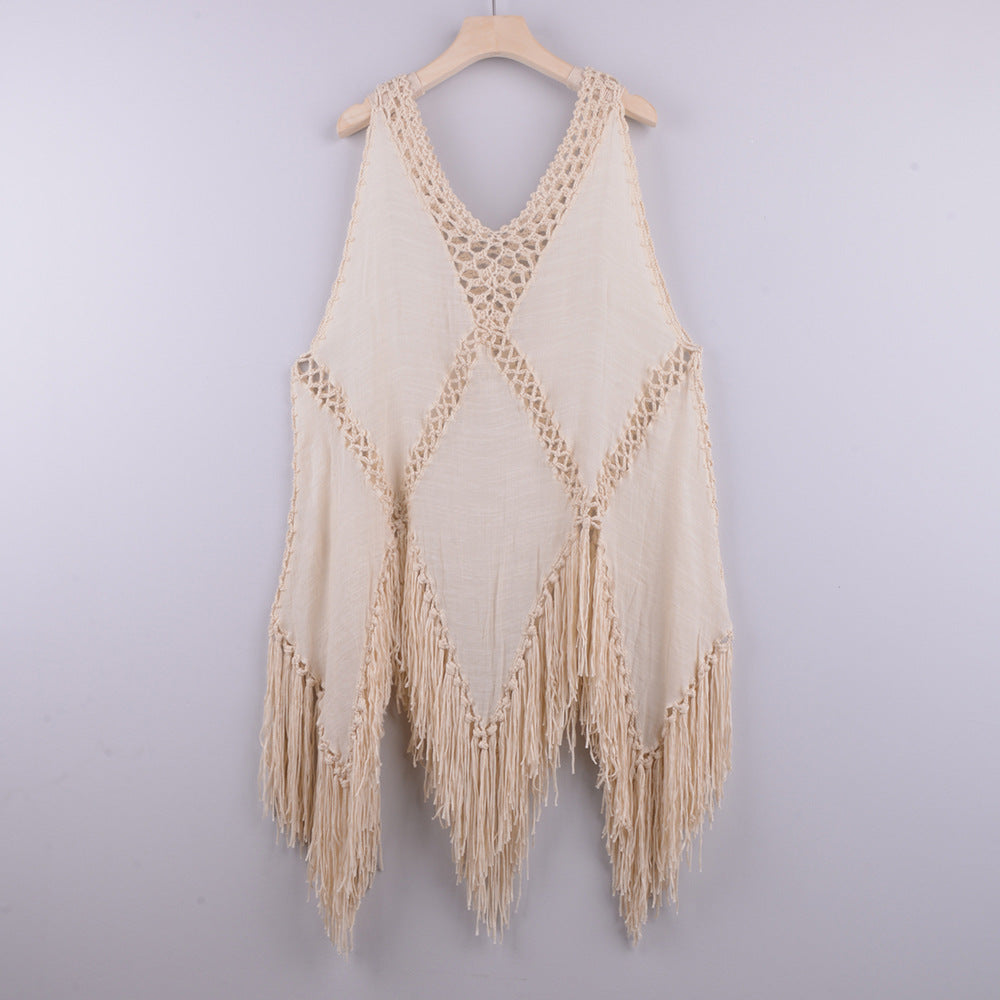 Dame Strandlinned Poncho med frynser og hækledetaljer Stilla