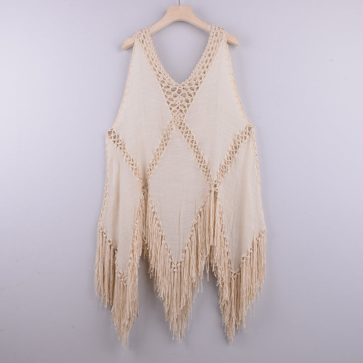 Dame Strandlinned Poncho med frynser og hækledetaljer Stilla