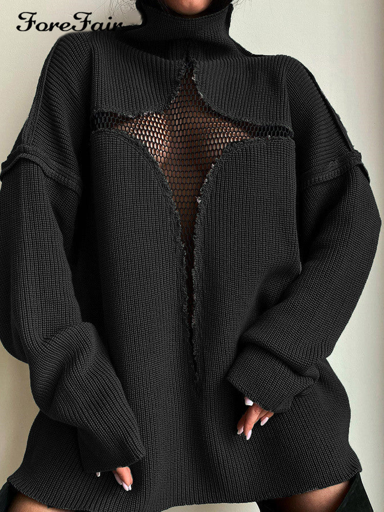 Damer Oversized Strikpullover med innovativt Nettedesign Stilla