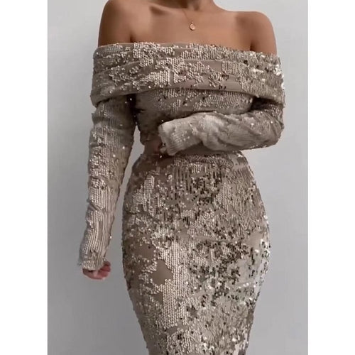 Kvindernes glamourøse aften kjole med glitrende perler og off-shoulder detalje