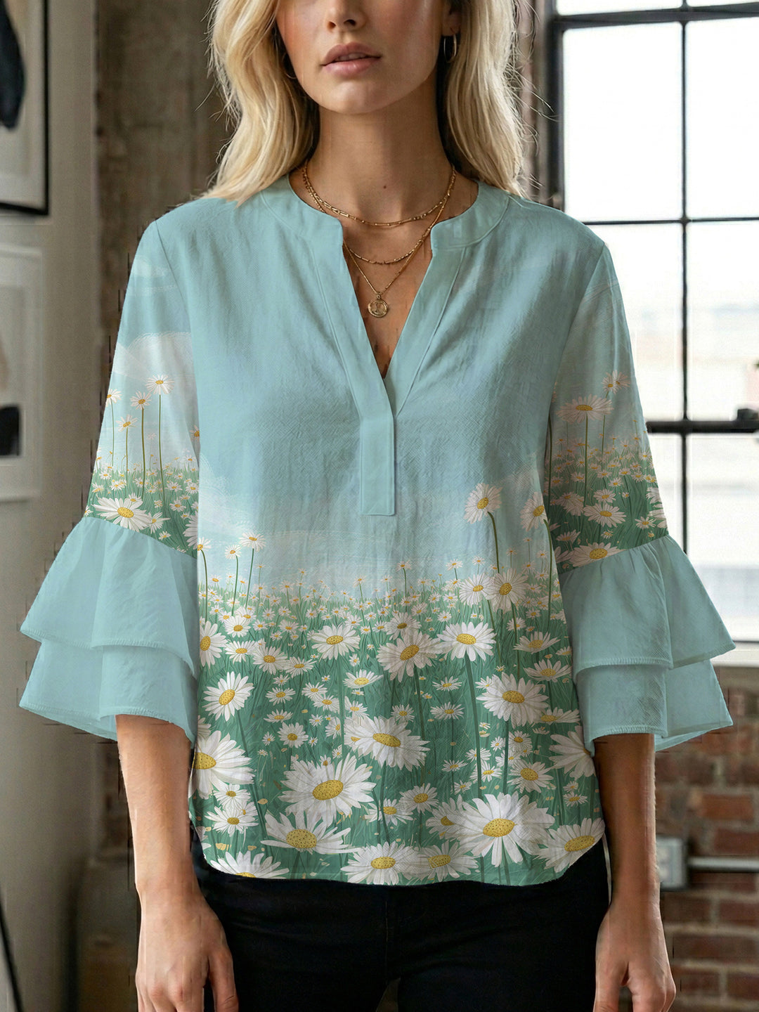 Dame Elegant top med volumiøse puffærmer og floraltryk Skovae
