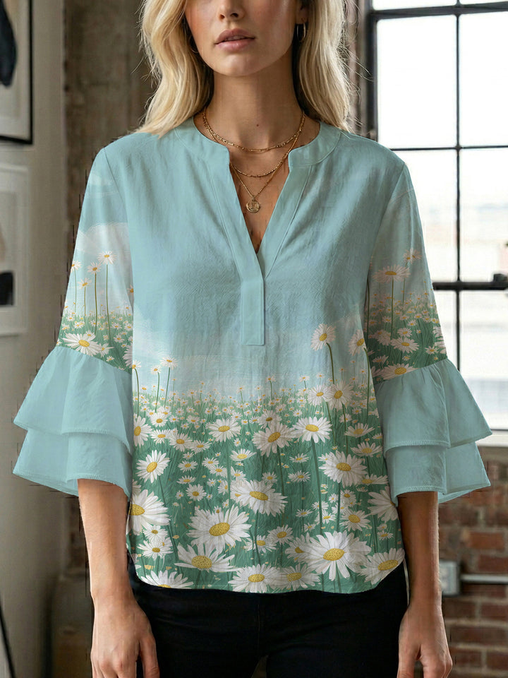 Dame Elegant top med volumiøse puffærmer og floraltryk Skovae