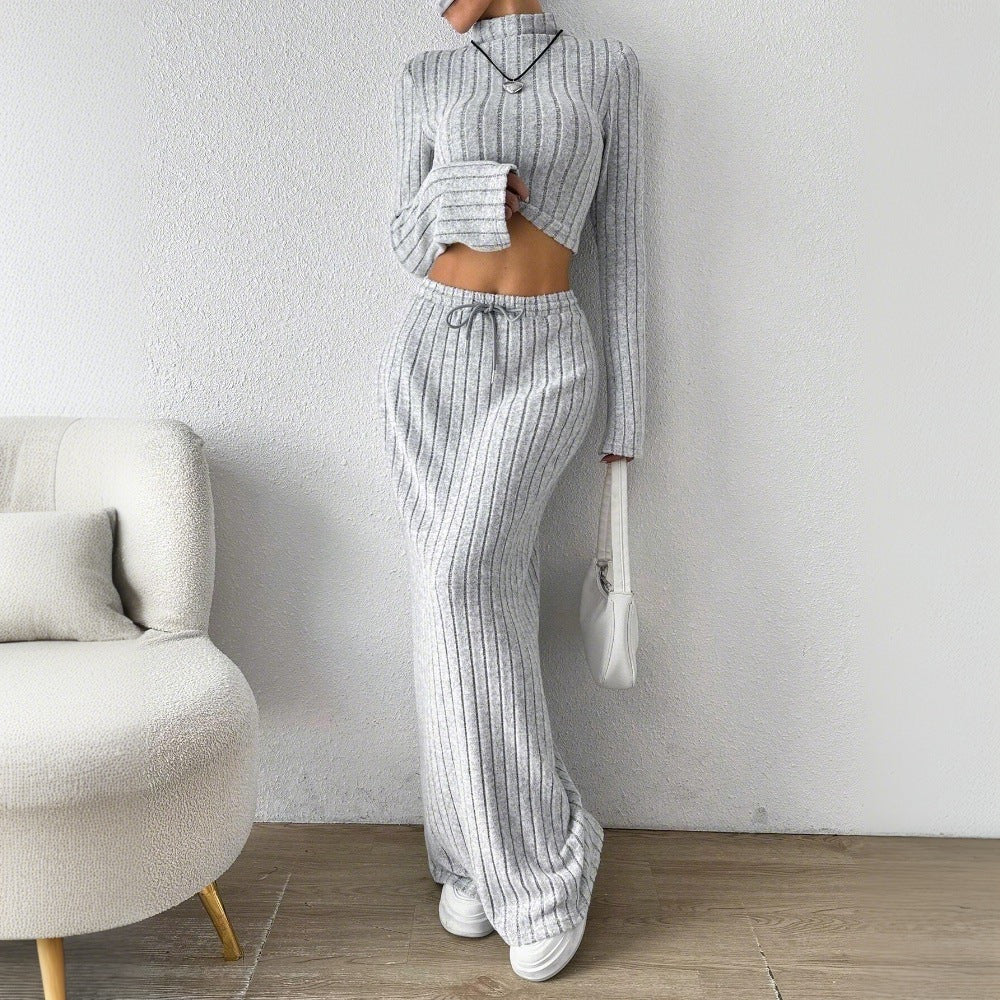 Kvinder Langærmet Crop Top og Maxi Skirt Sæt med Elegant Rib Struktur Stilla