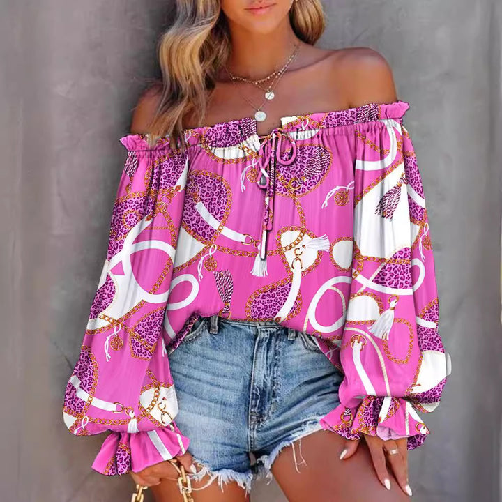Dame Off-Shoulder Bluse med farverigt etno-mønster Stilla