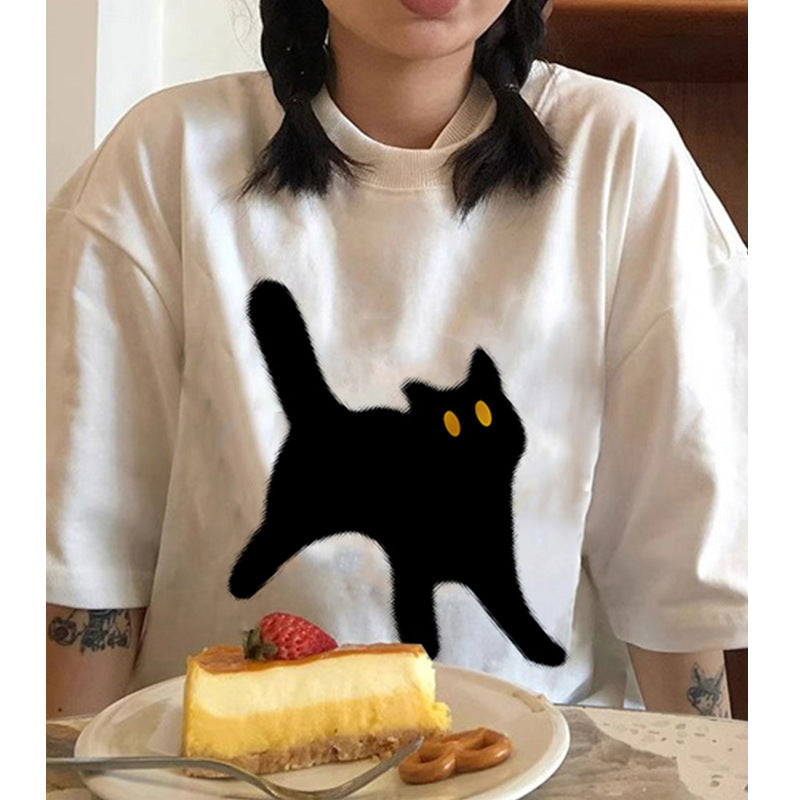 Dame T-shirt med kreativ katte-design og afslappet pasform Stilla