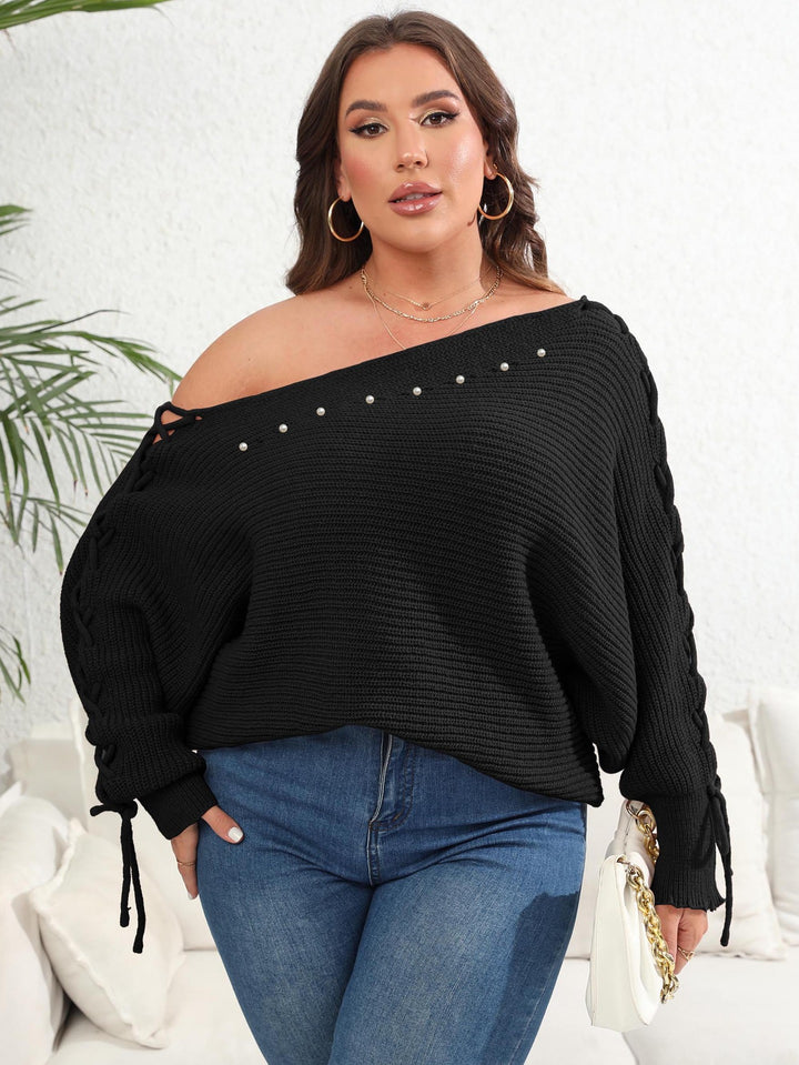 Dame afslappet oversized pullover med dekorativ perledetalje og snor Stilla