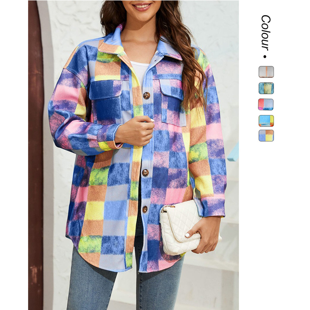 Dame Tjekket Flannel Jakke med Praktiske Lommer og Oversized Snit